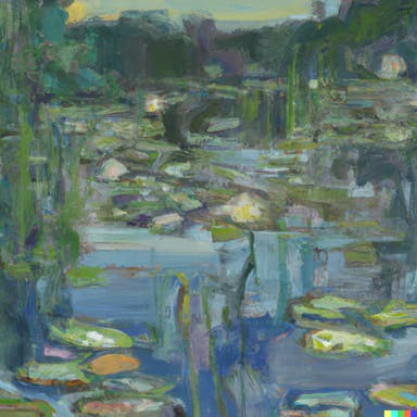 DALL·E 2022-09-29 14.16.00 - loose-brush stroke painting titled "When is water not water_", still pond with water lilies, reflections, in the style of Monet.png