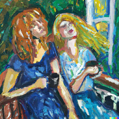 DALL·E 2022-08-04 23.20.59 - oil painting of a girl with blonde hair and a girl with brown hair sitting on a balcony in the style of van gogh, very sunny, drinking coffee, happy, .png