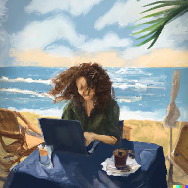 DALL·E 2022-08-04 22.21.33 - person with curly hair working at their laptop on the beach, drinking a coffee, gentle, kind, creative, in the style of Vincent Van Gogh.png