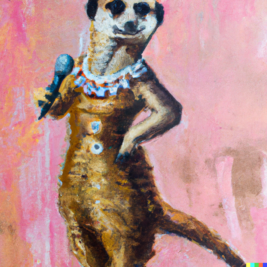 DALL·E 2022-08-04 23.15.57 - a meerkat dressed as a 1950s showgirl holding a microphone, acrylic painting.png