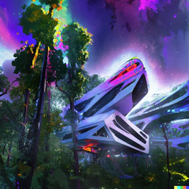 DALL·E 2022-09-30 20.20.31 - side view of a silver neofuturist building by zaha hadid in a colourful rainforest, vibrant colours, digital art.png