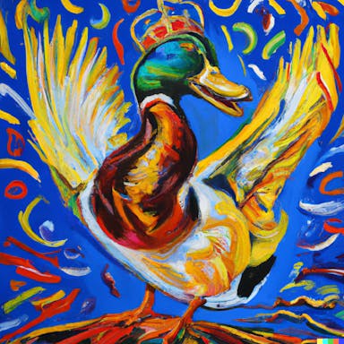 DALL·E 2022-08-04 19.42.44 - king duck managing his royal subject, oil painting, primary colors, broad brush strokes, exciting, energetic.png