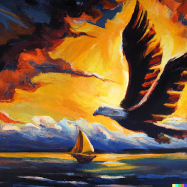 DALL·E 2022-08-04 22.52.00 - an eagle flying over a sailing boat, at sunset, oil painting.png