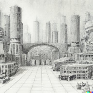 DALL·E 2022-09-30 17.56.44 - a Dystopian future town, brutalist architecture, hard concrete, evil buildings in the style of George Orwell and Isaac Asimov, as a pencil sketch by A.png