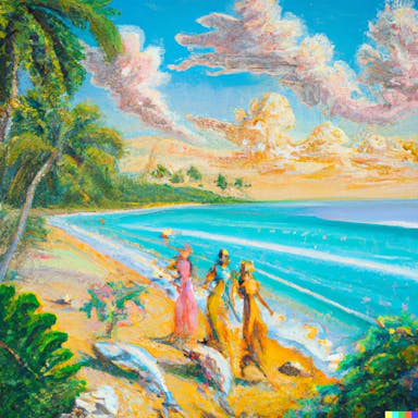 DALL·E 2022-10-06 21.20.29 - group of brown women carrying swordfish, on an island paradise, blue water, perfect beach, peace, palm trees, oil painting in the style of Baroque.png