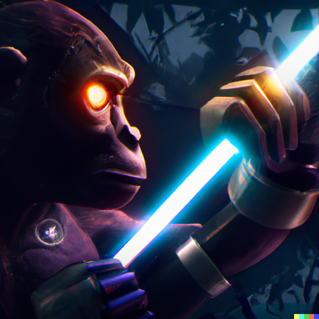 DALL·E 2022-08-04 22.41.34 - cyborg monkey assassin ninja holding a katana, action shot, digital art in the style of cyberpunk, high definition, dystopian, dramatic lighting.png