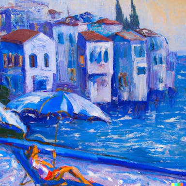 DALL·E 2022-08-04 19.09.12 - painting of lady reclined on a sunchair, in a Mediterranean city, lots of water, Turkish blue, umbrella, in the style of romantic art .png