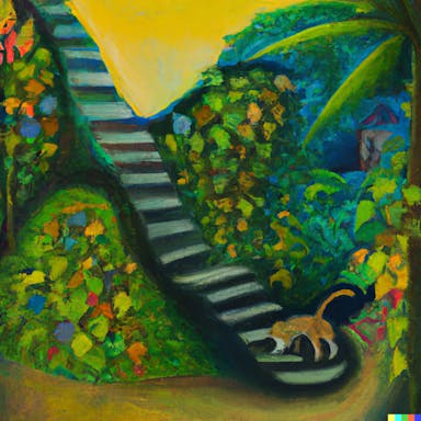 DALL·E 2022-08-04 18.03.00 - a staircase in a jungle with a cat, painting in the style of paul gauguin.png