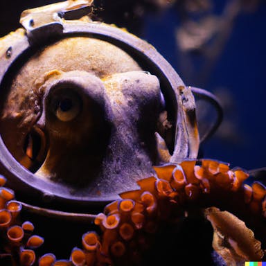 DALL·E 2022-08-04 20.39.44 - an octopus wearing an old diving helmet, underwater National Geographic photography, 4K, 50mm lens, f1.8.png