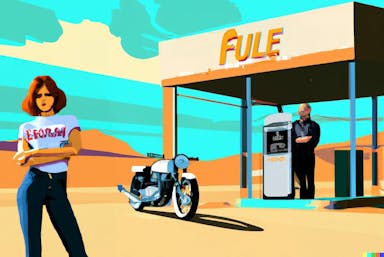 DALL·E 2022-10-06 19.24.10 - a Triumph Bonneville, remote desert gas station, pop-art print in the style of Ed Ruscha, stylised, flat colours.png