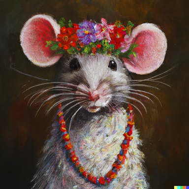 DALL·E 2022-07-31 20.02.13 - oil painting of a mouse wearing a flower garland necklace and wearing a colourful headband, in the style of Rembrandt.png