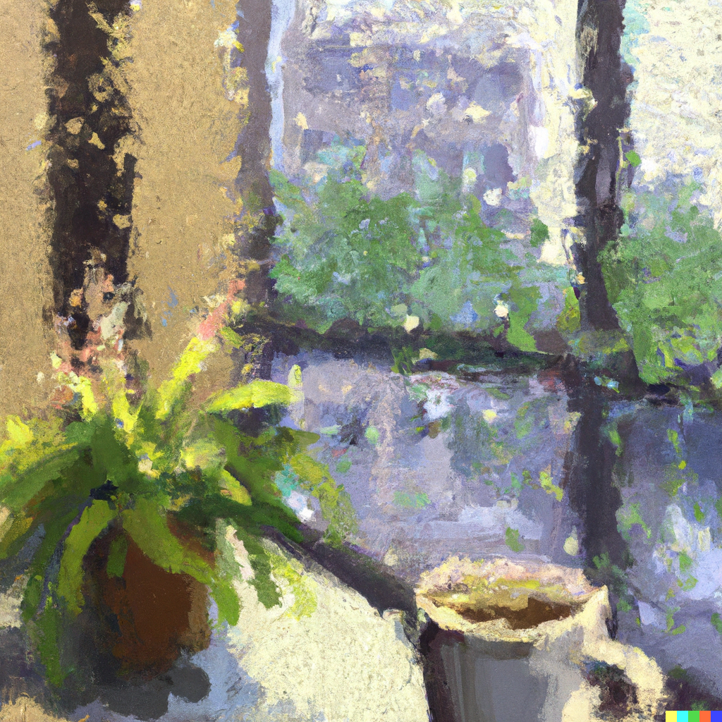 DALL·E 2022-07-14 09.04.27 - impressionist painting of a cup of coffee, next to a plant, in front of a big window, raining outside.png