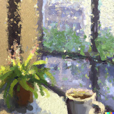 DALL·E 2022-07-14 09.04.27 - impressionist painting of a cup of coffee, next to a plant, in front of a big window, raining outside.png