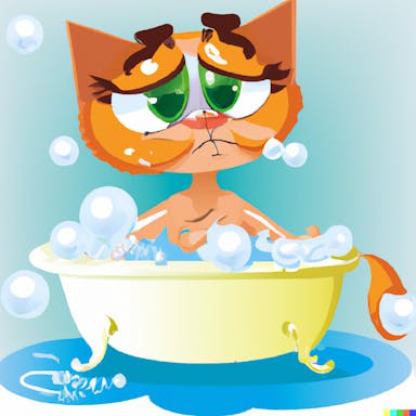 DALL·E 2022-09-30 19.22.47 - ginger white nose kitten taking a bubble bath in a bikini, cartoon style .png