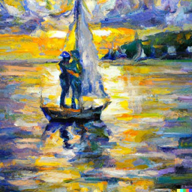 DALL·E 2022-08-04 22.30.26 - a sailboat, with a blonde lady hugging a brown haired man on the boat at sunset, oil painting in the style of Monet.png