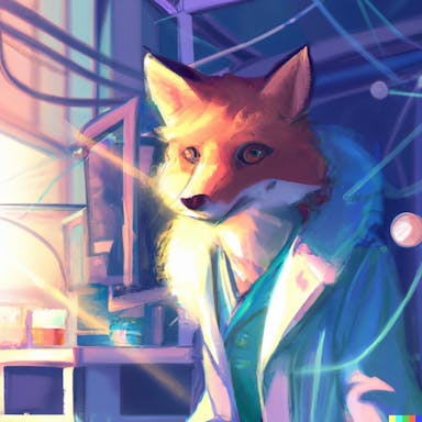 DALL·E 2022-07-25 22.52.00 - a fox wearing a white lab coat in a science lab, digital art in the style of solarpunk, bright colours, light flares.png