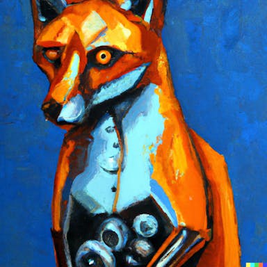 DALL·E 2022-07-25 23.03.51 - oil painting of robotic fox with a metallic body, oranges and blues.png