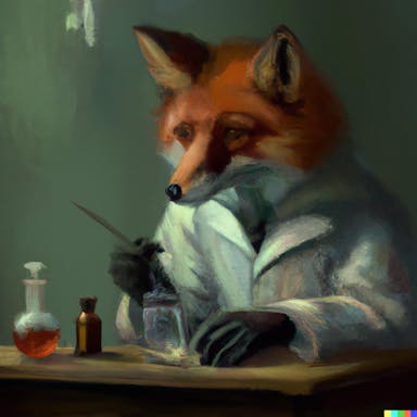 DALL·E 2022-07-25 23.04.26 - a fox wearing a white lab coat doing science experiments, oil painting, Rembrandt, moody.png
