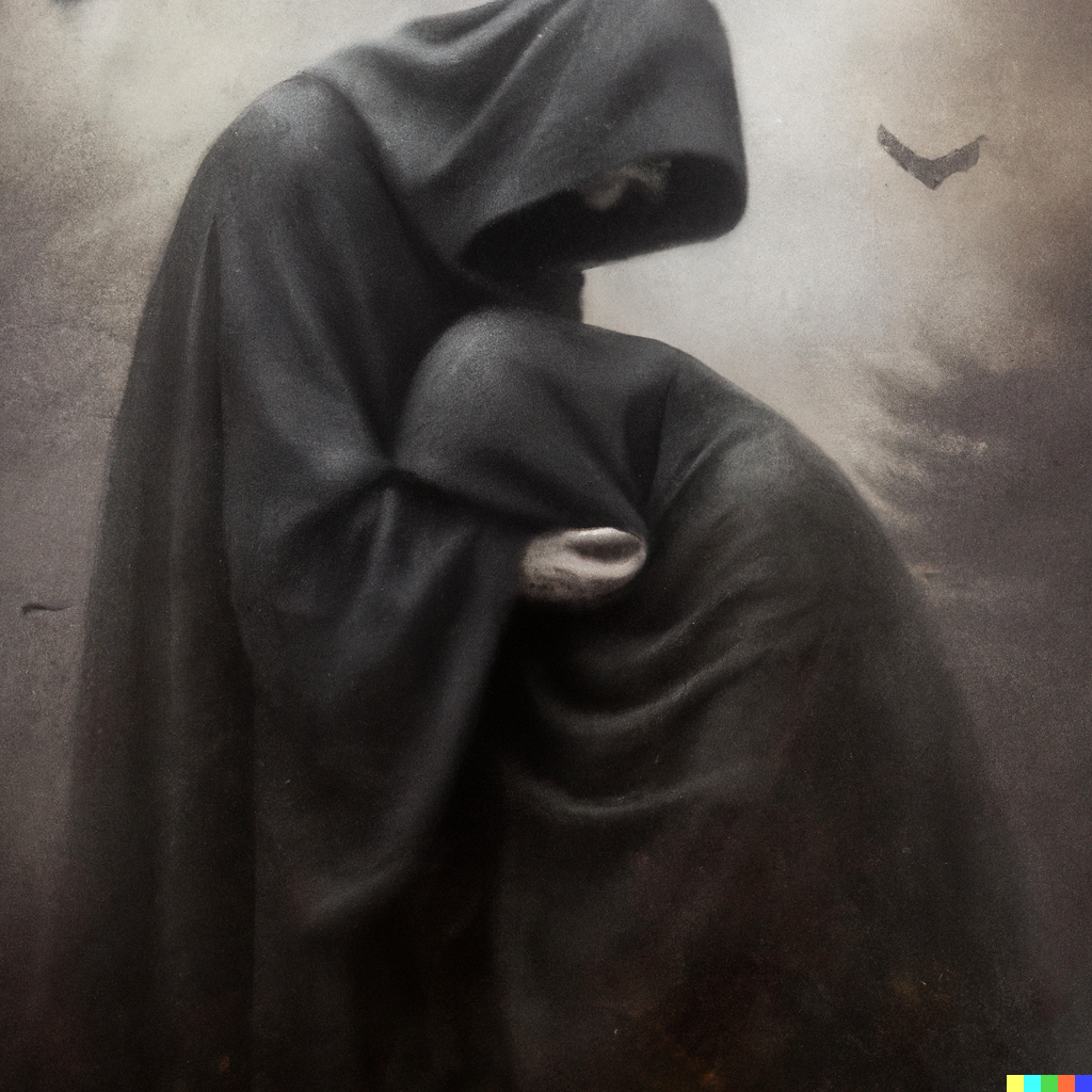 DALL·E 2022-08-04 21.10.47 - hooded figure holding another hooded figure in their arms, mourning, in the style of Zdzislaw Beksinski.png