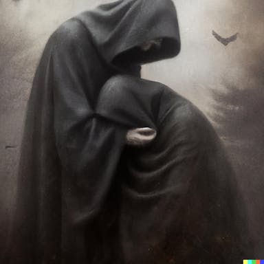 DALL·E 2022-08-04 21.10.47 - hooded figure holding another hooded figure in their arms, mourning, in the style of Zdzislaw Beksinski.png