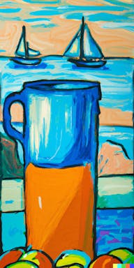 DALL·E 2022-10-28 21.02.23 - painting of a drink in a tumbler, Mediterranean seaside, vibrant, blues, turquoise, tangerine, By Edvard Munch.png