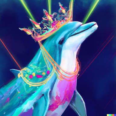 DALL·E 2022-07-25 23.03.32 - a dolphin dressed as a queen, digital art in the style of solarpunk, bright colours, light flares.png