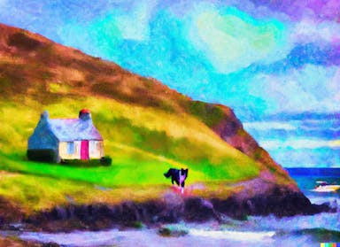 DALL·E 2022-10-28 21.34.54 - tiny house that looks like a burrito, on the Irish mountainside, by the sea, oil painting in the style of Monet, homey, breezy, salty wind, slightly c.png