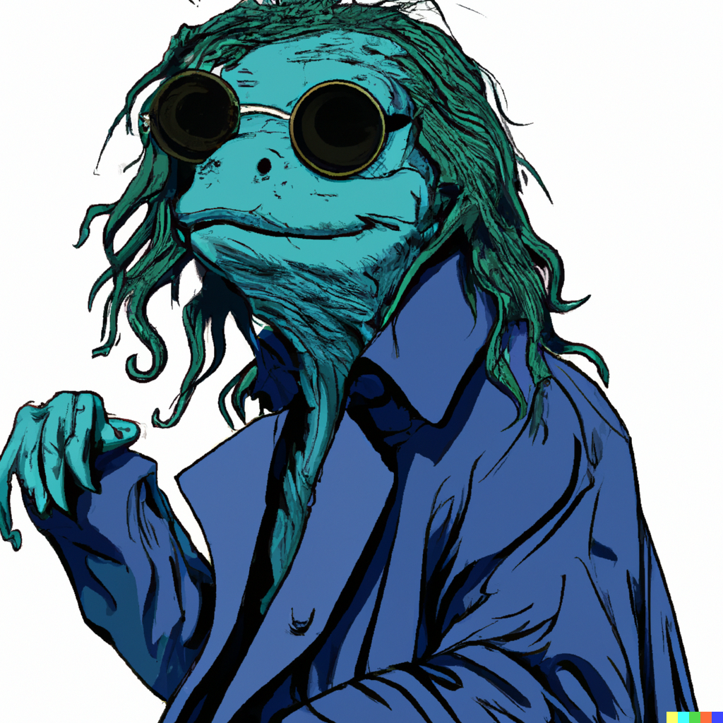 DALL·E 2022-09-30 21.40.31 - amphibian wearing glasses and cloth duffel coat, luscious hair.png