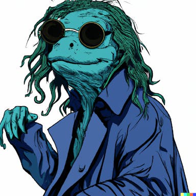 DALL·E 2022-09-30 21.40.31 - amphibian wearing glasses and cloth duffel coat, luscious hair.png