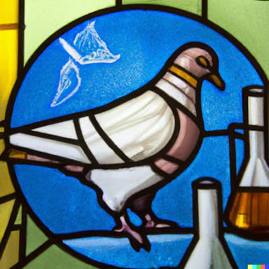 DALL·E 2022-07-25 23.02.55 - stained glass window depicting a pigeon wearing a white lab coat in a science lab.png