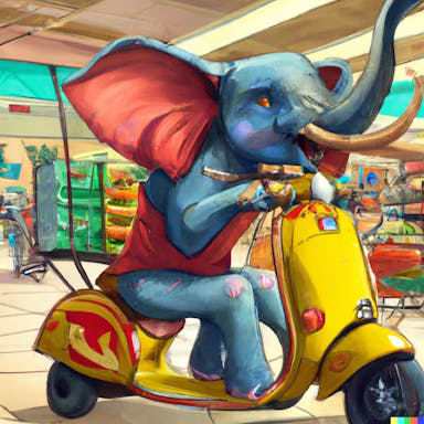 DALL·E 2022-08-04 23.19.42 - an elephant riding a Vespa scooter in the supermarket, vibrant colours, high definition, digital art.png