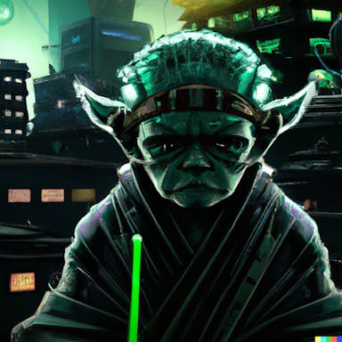 DALL·E 2022-08-04 20.45.19 - a samurai Master Yoda from Star Wars in a dystopian city, in the art style of Cyberpunk 2077.png