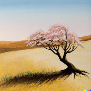 DALL·E 2022-08-04 18.57.49 - a solitary cherry blossom tree alone in the dessert, realist painting.png