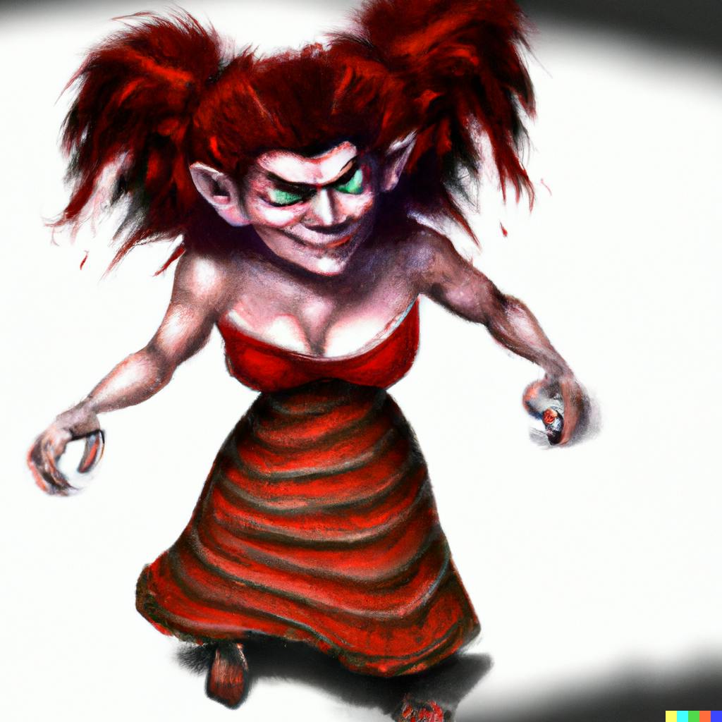 DALL·E 2022-10-13 19.39.36 - high view perspective of an angry and confused troll wearing a red dress, fantasy digital art, high detail.png