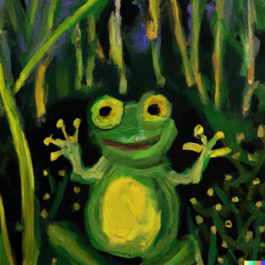 DALL·E 2022-08-04 18.40.31 - painting of a happy frog in the jungle, greens, yellows, blacks, in the style of Monet.png