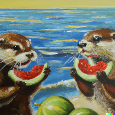 DALL·E 2022-08-04 18.25.01 - two otters eating watermelons at the beach, oil painting.png