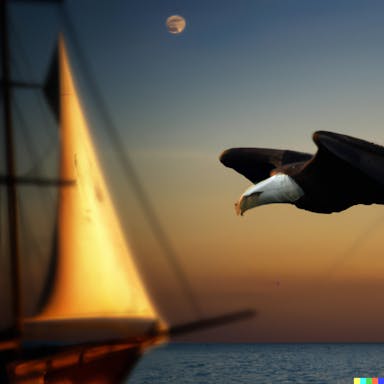 DALL·E 2022-08-04 22.57.43 - an eagle flying over a sailing boat, at sunset with a bright full moon in the sky, national geographic photography.png