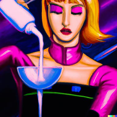 DALL·E 2022-09-30 22.28.29 - a popart painting of a female bartender with futuristic make-up pouring a drink, dramatic art, expressive, colourful.png