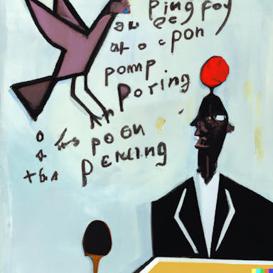 DALL·E 2022-08-04 19.06.15 - painting of a pigeon in a suit winning at ping pong against an upset bald man in a suit, lots of text background, in the style of Basquiat.png