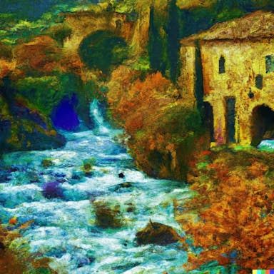 DALL·E 2022-10-28 22.18.42 - river flowing through the middle of a stone tuscan watermill in autumn, natural earth tones, impressionism in the style of Monet, sharp details, trend.png