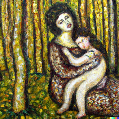 DALL·E 2022-08-04 21.25.12 - painting of mother and child in a forest in the style of Gustav Klimt.png