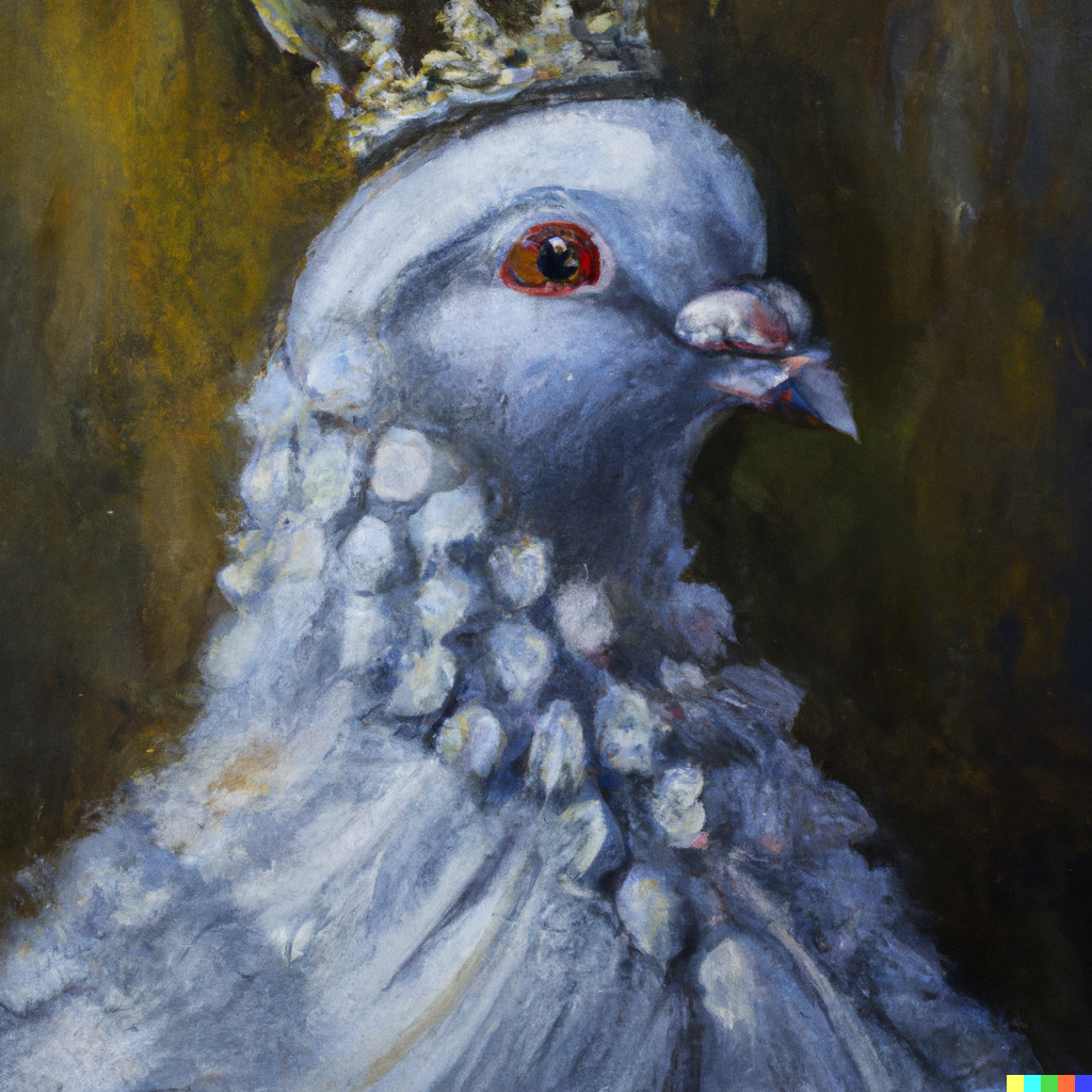 DALL·E 2022-07-25 22.59.41 - a pigeon dressed as a regal queen, oil painting, Rembrandt, moody.png