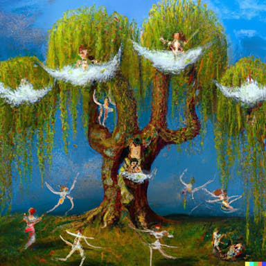 DALL·E 2022-09-30 20.06.52 - a willow tree with pixies and fairies, fantasy painting in the style of Salvador Dali.png