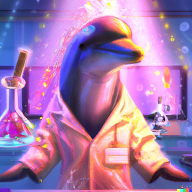 DALL·E 2022-07-25 23.13.57 - dolphin wearing a white lab coat in a science lab, digital art in the style of solarpunk, bright colour, light flares.png
