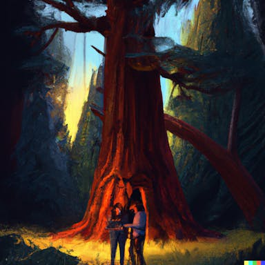 DALL·E 2022-08-04 19.52.54 - best friends standing under a giant Sequoia tree at sunset, digital art .png