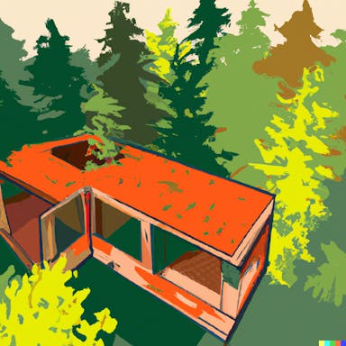 DALL·E 2022-08-04 19.13.05 - Wood cabin in an alpine forest, MC Escher style, greens and reds.png