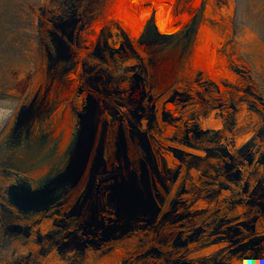 DALL·E 2022-10-06 16.19.02 - Darth Lethe standing amongst smouldering rubble, oil painting by Leonardo da Vinci, fiery.png