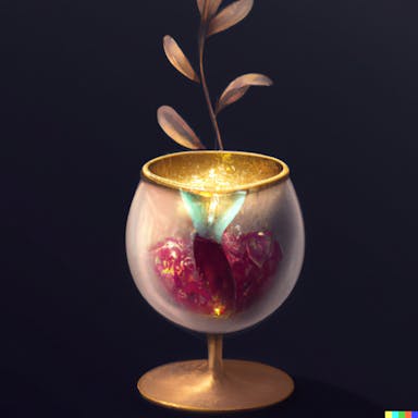 DALL·E 2022-10-28 20.50.13 - a cocktail filled with glitter, pink and yellow colour, in a glass made of plants, digital art, trending on artstation, in the style of alice in wonde.png