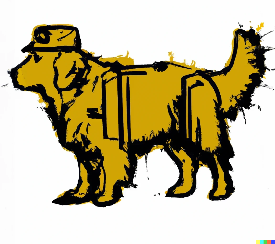 DALL·E 2022-09-30 19.28.10 - graffiti in the style of Banksy of a military golden retriever.png