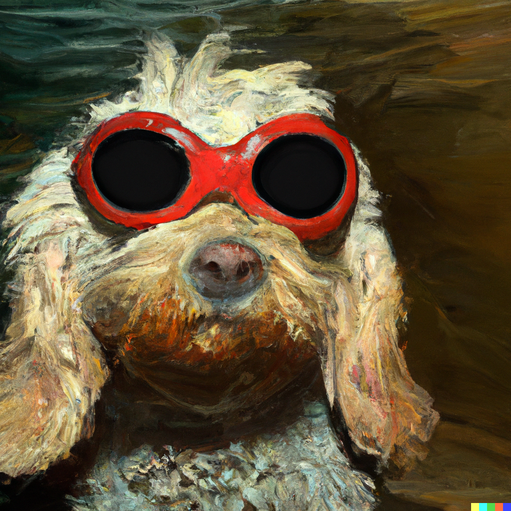 DALL·E 2022-08-04 22.16.30 - portrait of a dog wearing sunglasses underwater, oil painting in the style of Rembrandt.png